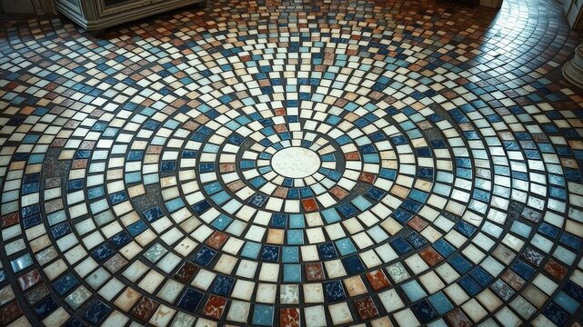 Circular Mosaic Floor with Geometric Pattern of Small Tiles in Blue, White, and Brown Tones