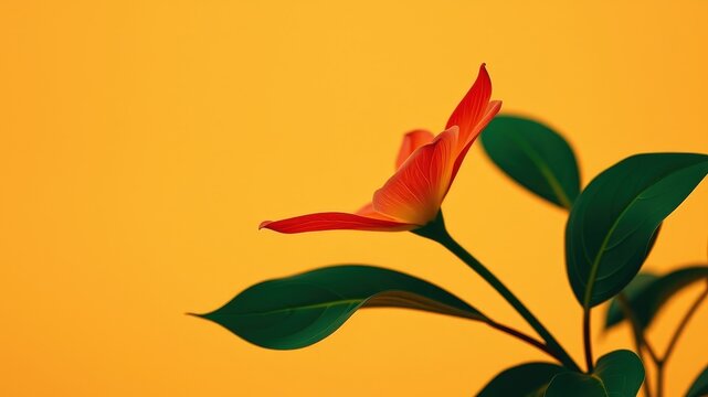 A single red flower with green leaves on a vibrant yellow background, creating a striking contrast and sense of tranquility