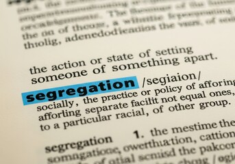 Fototapeta premium A closeup view of a dictionary page highlighting the word segregation with a blue marker, showing the definition and phonetic transcription