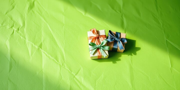 Two Gift Boxes with Colorful Ribbon and Bow on Crumpled Green Paper Background