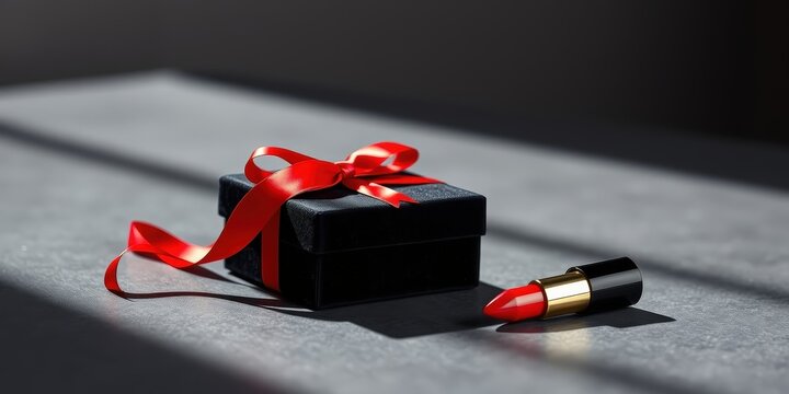 A black gift box with a red ribbon lies next to a lipstick on a gray surface