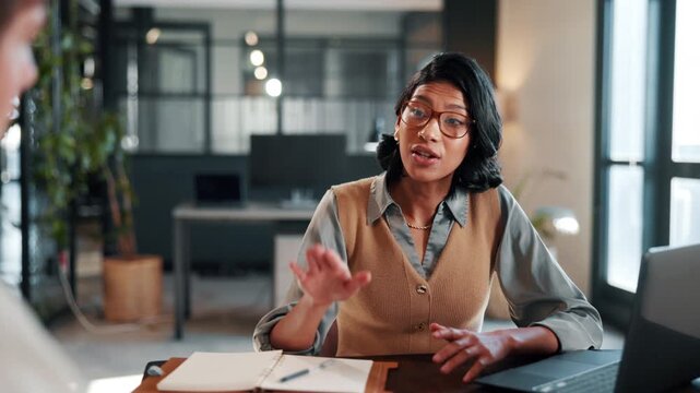 Financial advisor, talking and woman with client in office, investment tips and research with laptop. Wealth management, chat and people with tech, advice and estate planning with info in business