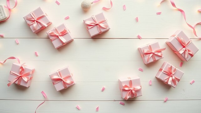Pink Gift Boxes Scattered on a White Wooden Background with Delicate Pink Ribbons and Confetti