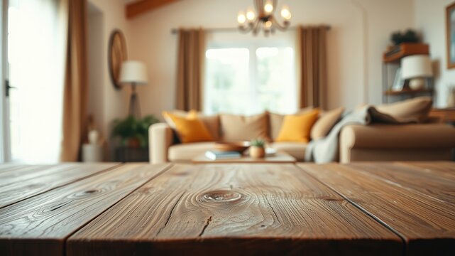 Close-up of a rustic wooden table in a modern living room with a blurred background of a couch, windows, and a lamp