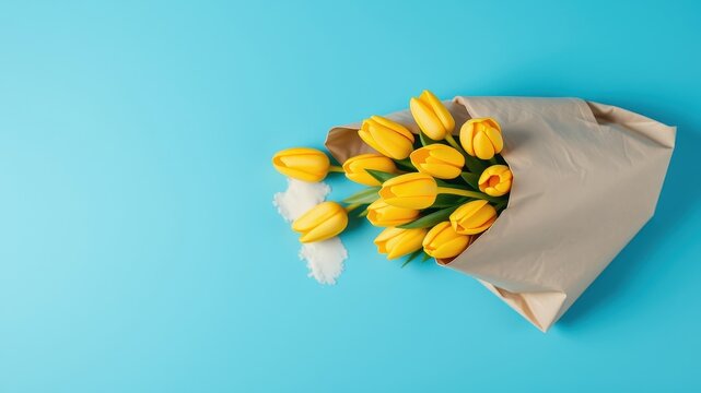 A vibrant bouquet of yellow tulips spills out of a paper wrapper against a bright blue background.