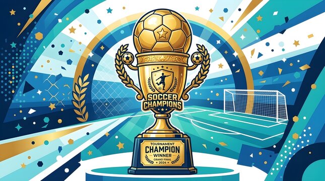Ilustrasi piala juara sepak bola emas dengan desain modern, melambangkan kemenangan dan keunggulan dalam turnamen final besar tahun 2024.