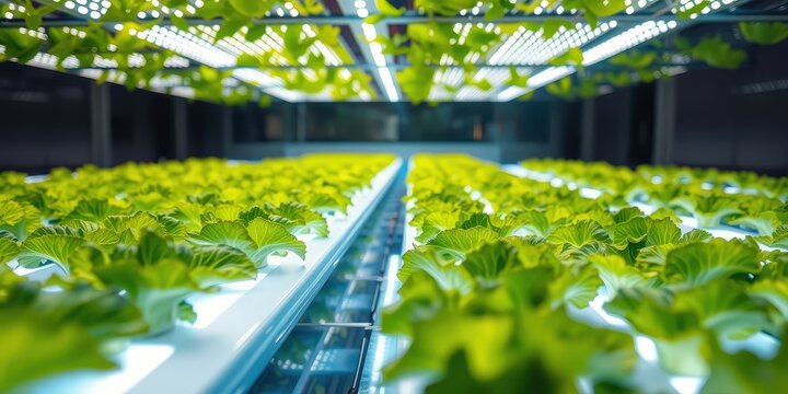 Hydroponic Lettuce Farm with LED Grow Lights and Rows of Plants in a Controlled Environment