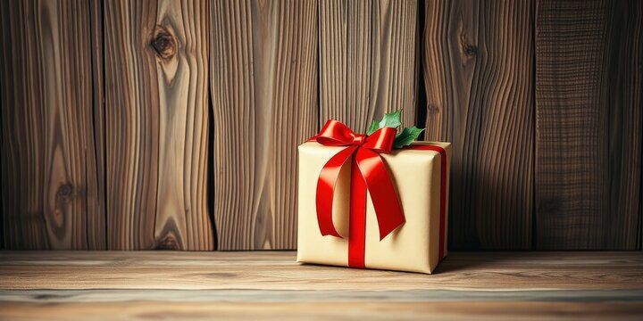 A Wrapped Gift Box With a Red Bow and Green Holly Adorned With A Wooden Background