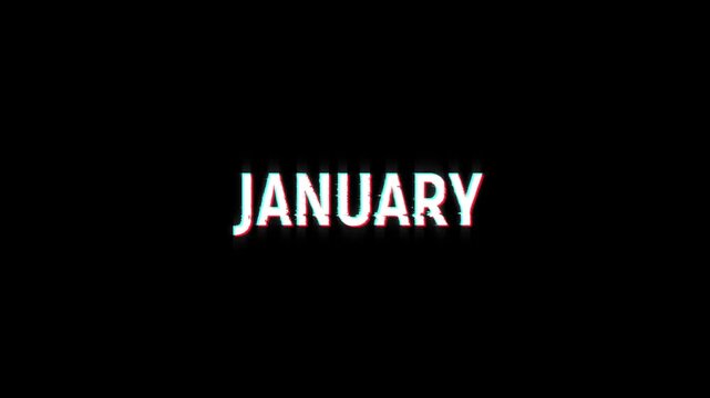 january text glitch animation, month of january glitch text on black screen background effects, digital looping motion graphics for 4k video events