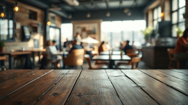 Rustic wooden table surface with a blurred background of a bustling cafe, perfect for showcasing your products or displaying your brand.
