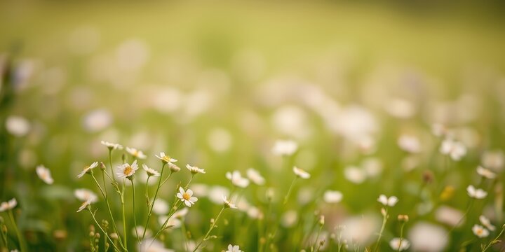 A soft focus image of a field of delicate white wildflowers, with a gentle green background that evokes a sense of calm and tranquility.