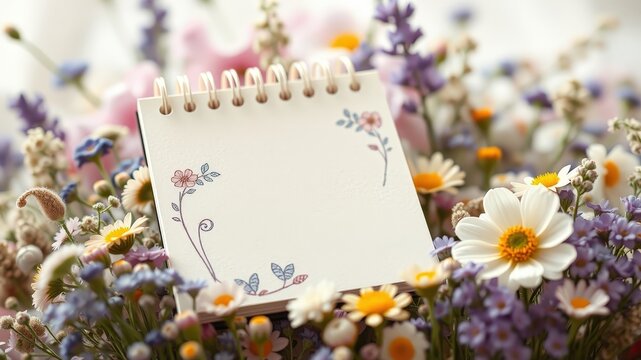 A blank notepad with delicate floral designs rests amidst a vibrant bouquet of wildflowers, ready to capture memories and thoughts.