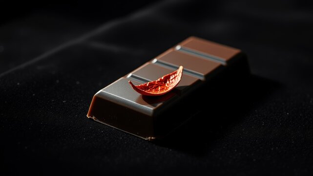 A single chocolate bar resting on a dark surface, adorned with a single dried leaf, creating a minimalist yet elegant composition.