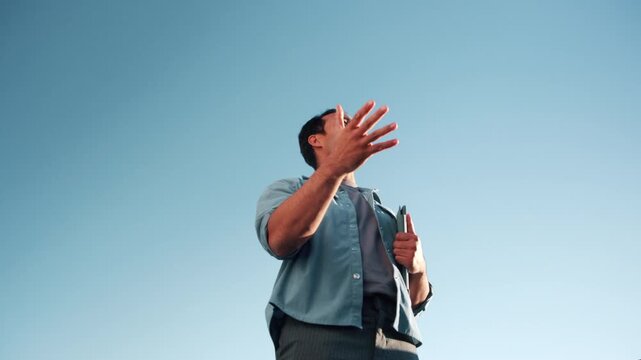 Business, merger or people outdoor with handshake, friendly greeting or negotiation in b2b deal. Space, shaking hands or employees with low angle, networking agreement or introduction in partnership