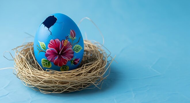 Cracked Blue Painted Easter Egg Resting in Straw Nest on Blue Background