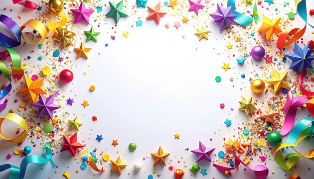 Festive Confetti Party Frame Border exploding with Bright Multi-Color Stars and Paper Dots for Cheerful New Year and Birthday Congratulation Cards