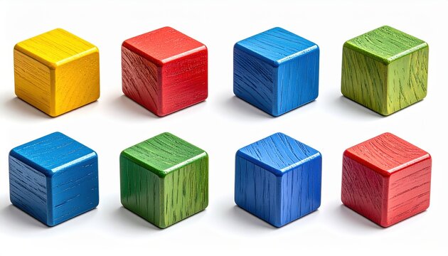 Minimalist Building Block Toy Icons Set featuring Bright Red, Yellow, Blue, and Green Plastic 3D Cubes for Preschool Educational Game Branding