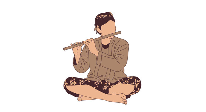 Man Playing Flute, Traditional Indonesian Clothing, Sitting Cross-legged, Cultural Music