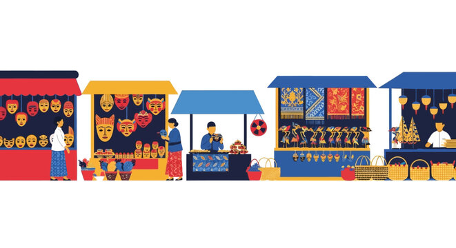 Traditional Market Scene with Masks, Puppets, and Crafts