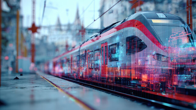 Digital twin technology enhances modern train design with futuristic data overlays showing advanced urban transit innovation