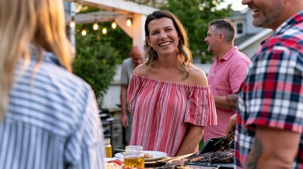 Obraz premium Smiling woman with friends at outdoor social gathering