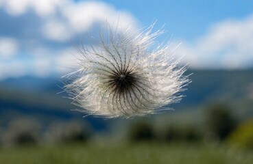 Obraz premium Single Fluffy Thistle Seed Floating in the Blue Sky