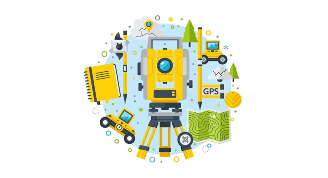 Land Surveying and Civil Engineering Flat Vector Illustration with Total Station, Topographic Map, and GPS Equipment