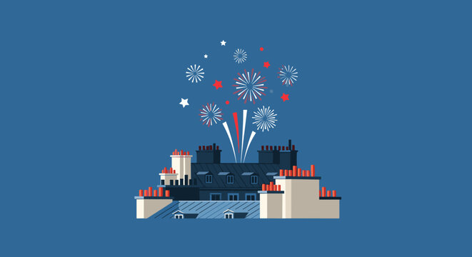 Bastille day fireworks exploding over minimalist city buildings