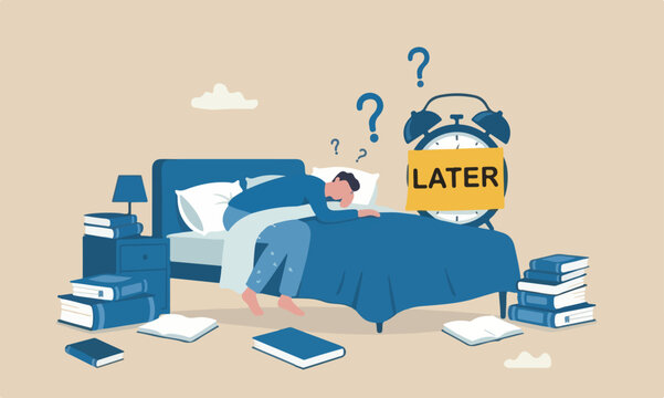 Procrastination,big books tomorrow, unproductive and excuse concept, lazy man sleeping with no clue to wake up with big sticky note written the word later on alarm clock