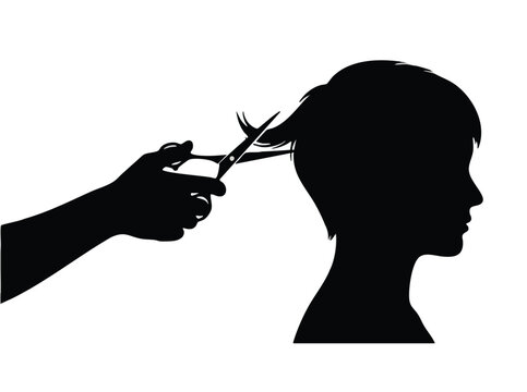 Silhouette of a person getting their hair cut by a hand with scissors