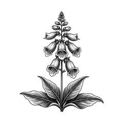 Detailed black and white botanical illustration of a foxglove plant with bell-shaped flowers and large leaves, rendered in a vintage engraving style. © Shukhi's world 