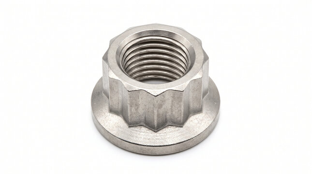 Macro photograph of an aerospace titanium 12-point locknut with a flanged base and silver-plated finish. Aviation hardware on white.