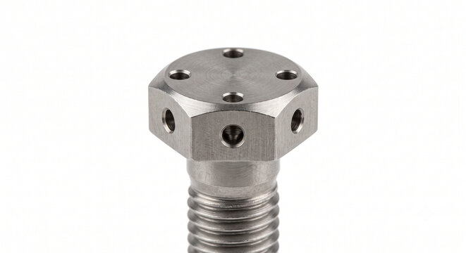 Extreme macro of a single bare aerospace titanium drilled head hex bolt isolated on a white background. Safety wire aviation hardware.