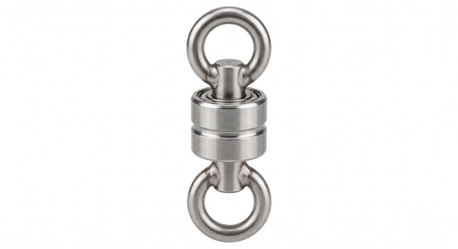Macro photo of a heavy-duty fishing ball bearing swivel made of stainless steel with welded solid rings. Isolated on white background.