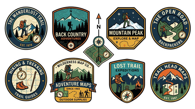 Collection of Vintage Hiking and Outdoor Adventure Emblems.