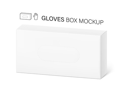Paperboard box for disposable protective gloves mockup. 3D hight realistic vector illustration isolated on white background. Scalable and editable without lose quality. Ready layered template. EPS10.