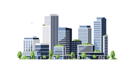 Obraz premium Modern Cityscape Illustration with Tall Buildings, Greenery, and Blue Sky