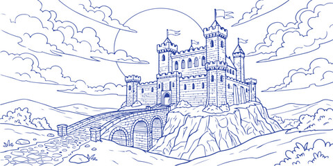 Castle Fortress Line Art with Flags and Clouds, Drawn in Blue Ink Style for Travel and Landmark Concept © Nayem