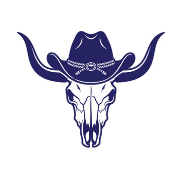 Cowboy hat on steer bull skull graphic icon western style with skeleton frontier illustration american lifestyle traditional