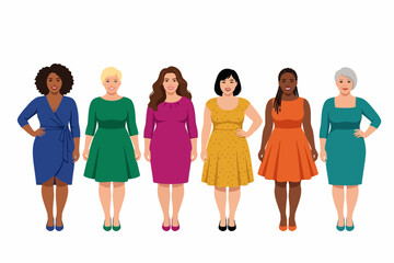 Obraz premium Diverse Curvy Women in Colorful Dresses Illustration