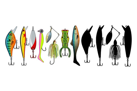 Colorful fishing lures and black silhouettes on white background