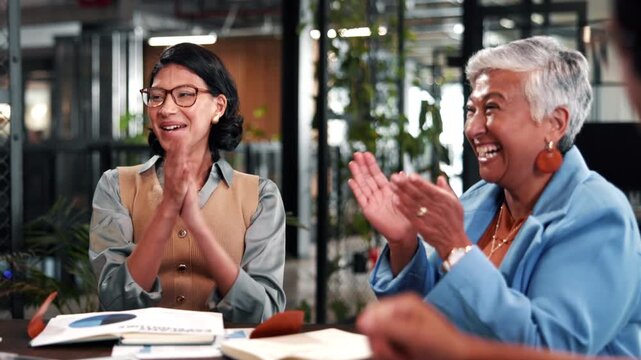 Deal, clap or people in office with handshake, funding approval or celebration in b2b meeting. Happy, applause or finance analyst with shaking hands, investment success or achievement in partnership.
