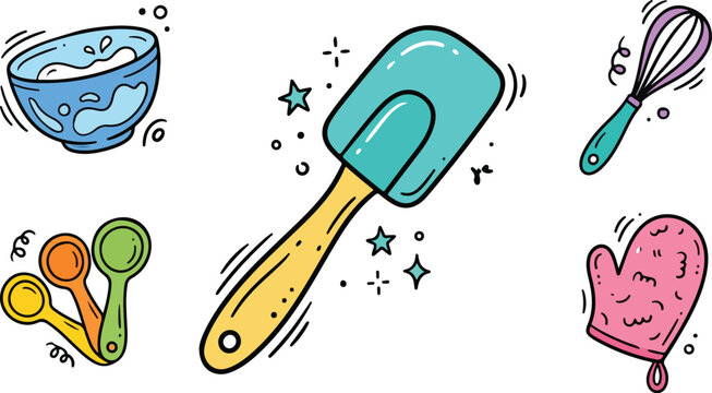 Colorful baking tools and ingredients set illustration for cooking projects