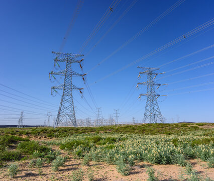 Ultra High Voltage Transmission Towers in Ningxia Gobi Desert