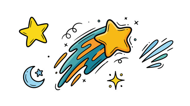 Colorful cartoon illustration of shooting star with stars and moon elements