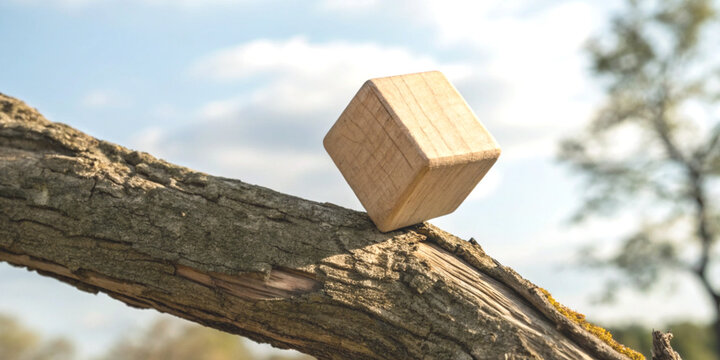 Stability and risk for balancing life with a wooden cube standing on its edge on a branch
