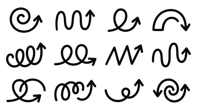 Hand Drawn Arrow Doodle Set - Curved Spiral Squiggly Sketch Arrows Isolated on White Background