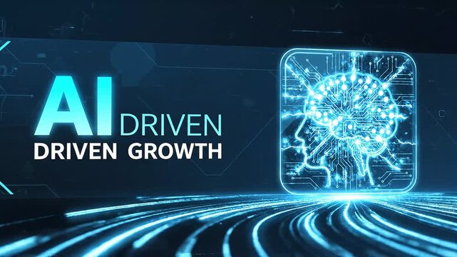 AI driven growth technology vector banner with futuristic microchip interface and glowing digital road on dark blue background. Modern artificial intelligence presentation template for business 4k ai