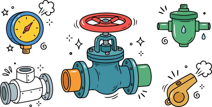 Colorful illustration of various plumbing and pressure control devices with fun effects