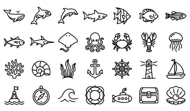 Minimal Marine Animal Outline Icon Collection with Nautical Ocean Life Vector Set